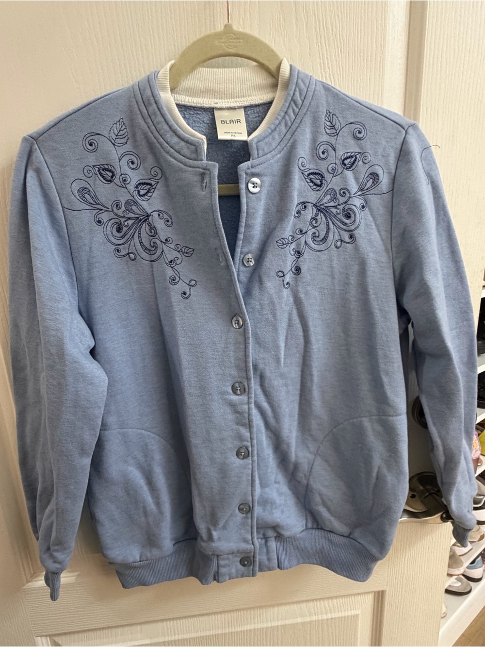 Vintage Blair Embroidered Button Front Fleece Cardigan Jacket Blue PS